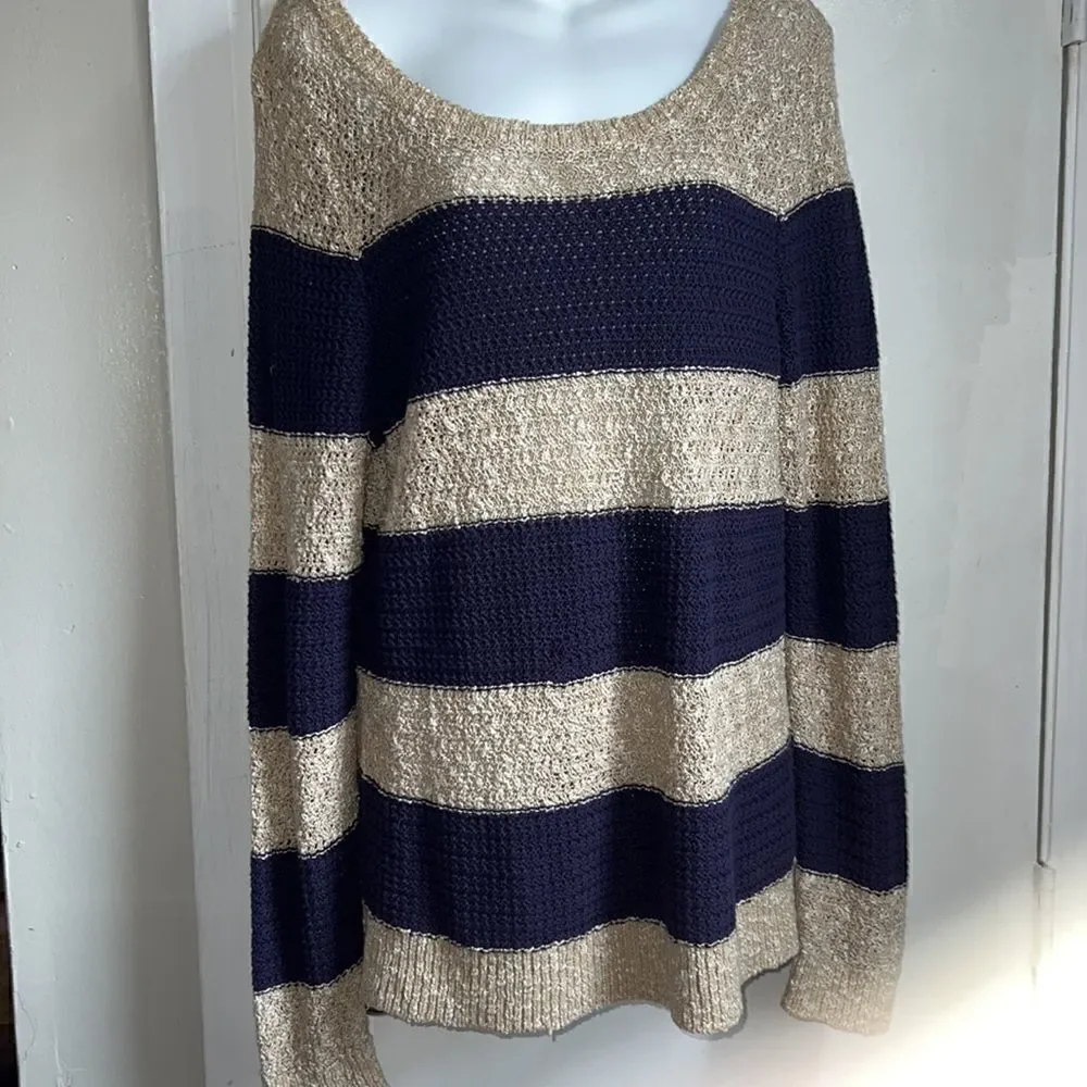 LOFT Beige and Navy Striped Cotton Linen Blend Loose Knit Sweater-L